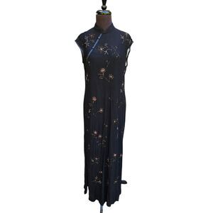 Vintage Asian Inspired Sheer Black Maxi Dress Sequined Beaded Size 10 PETITE